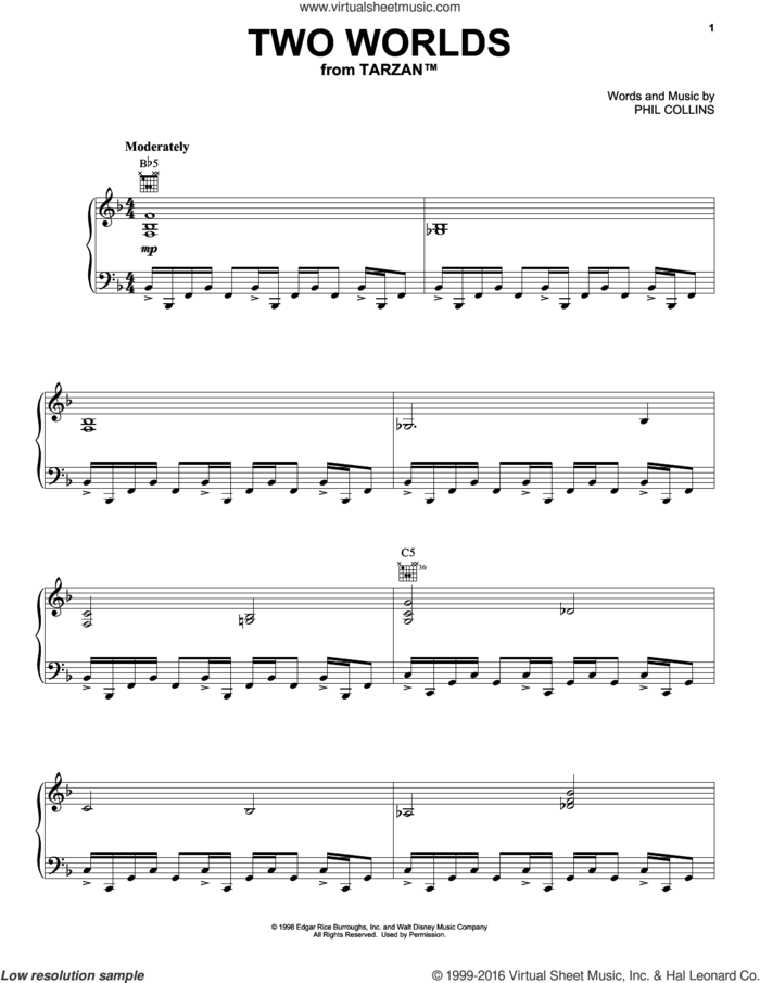 Two Worlds sheet music for voice, piano or guitar by Phil Collins, intermediate skill level