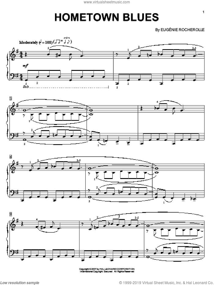 Hometown Blues sheet music for piano solo by Eugenie Rocherolle, intermediate skill level