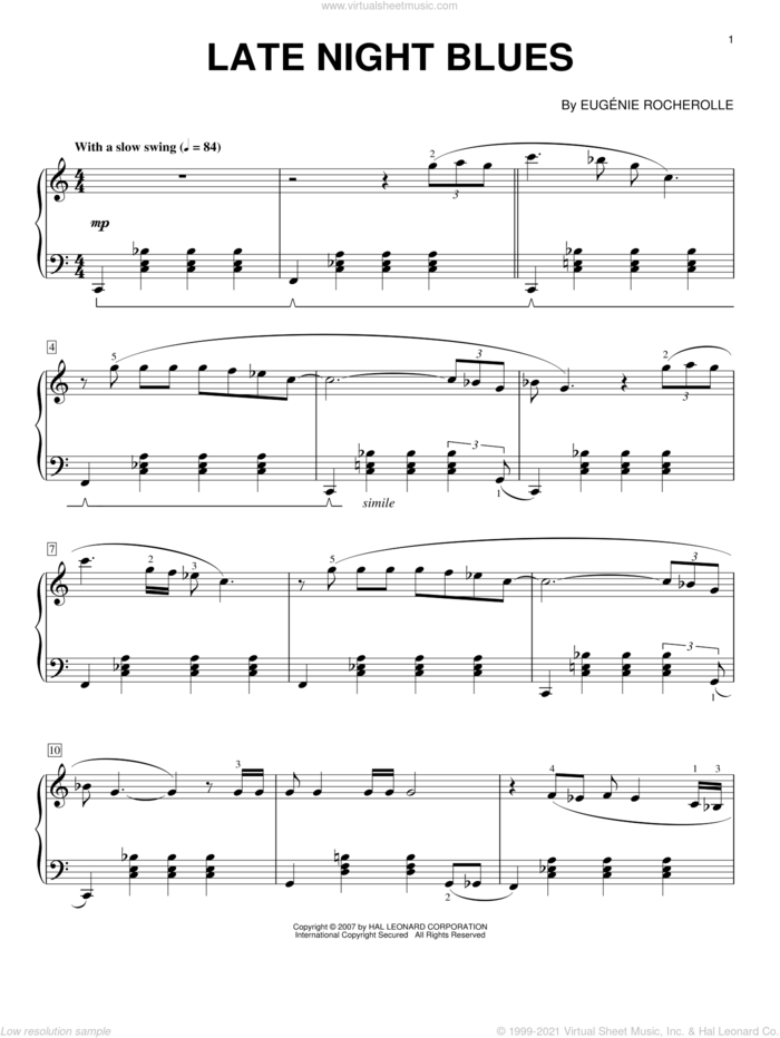 Late Night Blues sheet music for piano solo by Eugenie Rocherolle, intermediate skill level