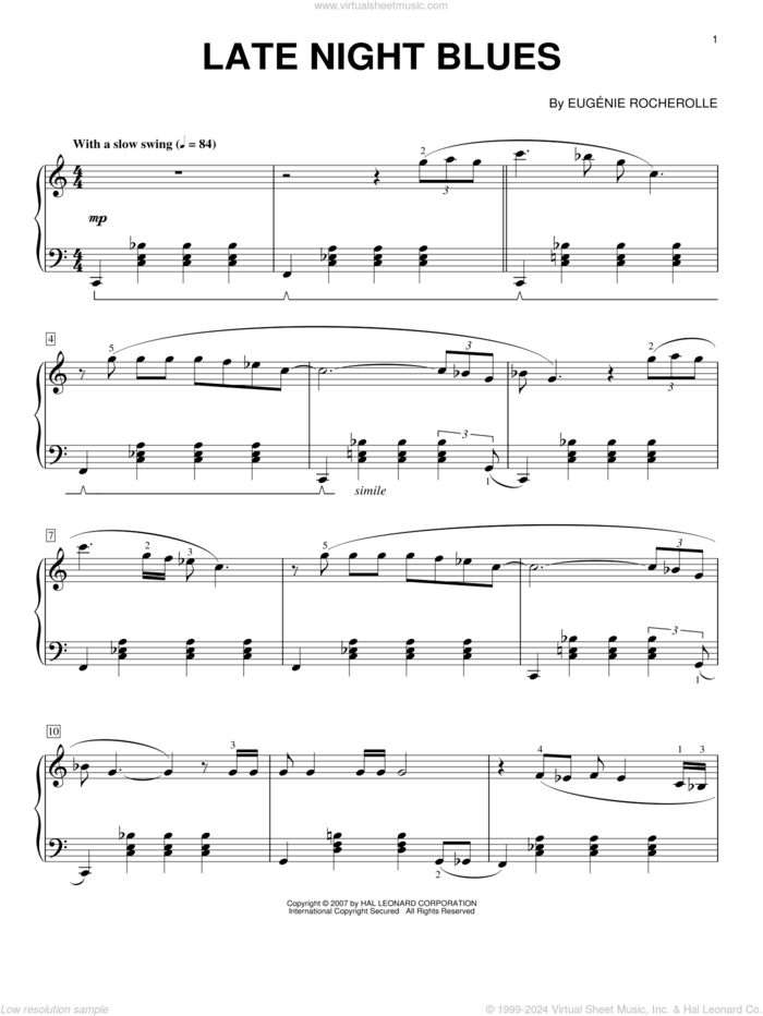 Late Night Blues sheet music for piano solo by Eugenie Rocherolle, intermediate skill level