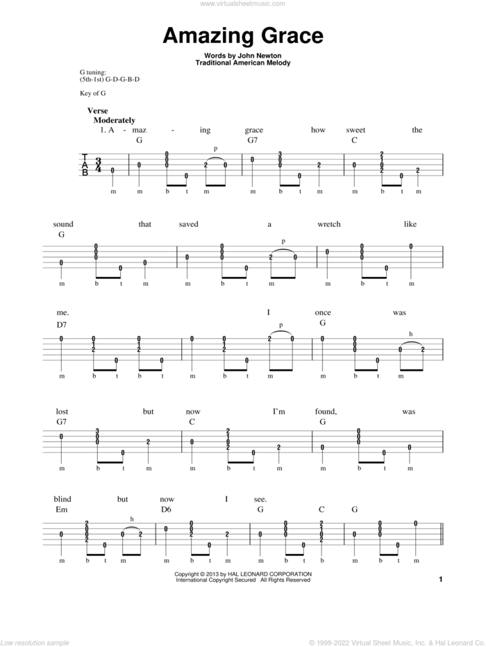 Amazing Grace sheet music for banjo solo by John Newton, Michael Miles, Edwin O. Excell and Miscellaneous, wedding score, intermediate skill level