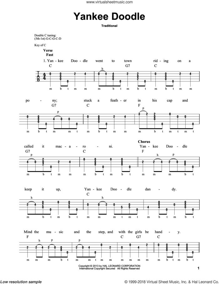 Yankee Doodle sheet music for banjo solo by Michael Miles and Miscellaneous, intermediate skill level
