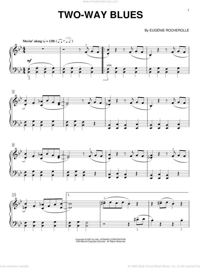 Two-Way Blues sheet music for piano solo by Eugenie Rocherolle, intermediate skill level