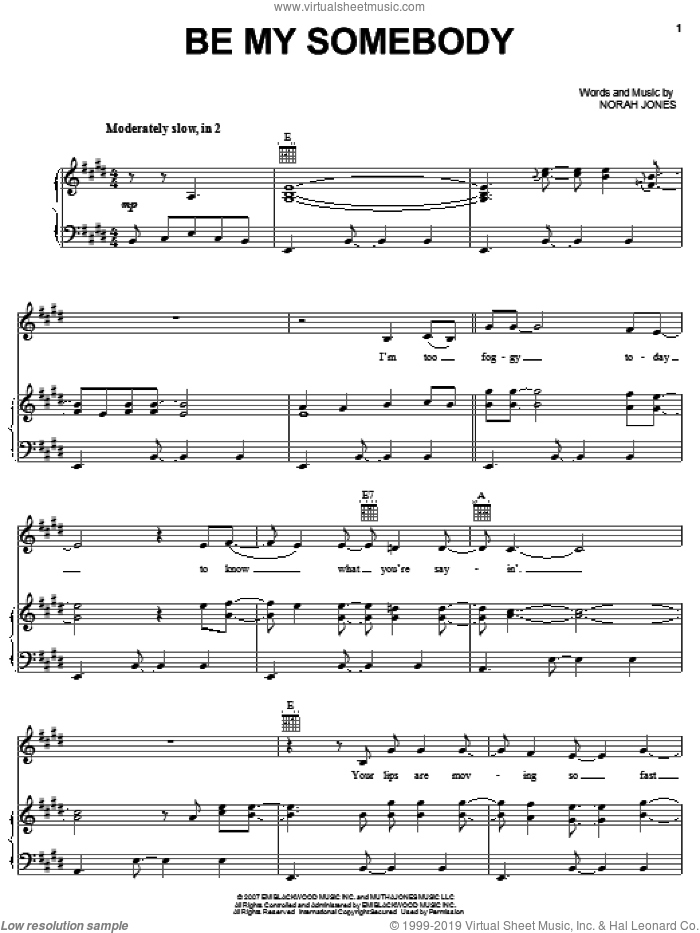 Be My Somebody sheet music for voice, piano or guitar by Norah Jones, intermediate skill level