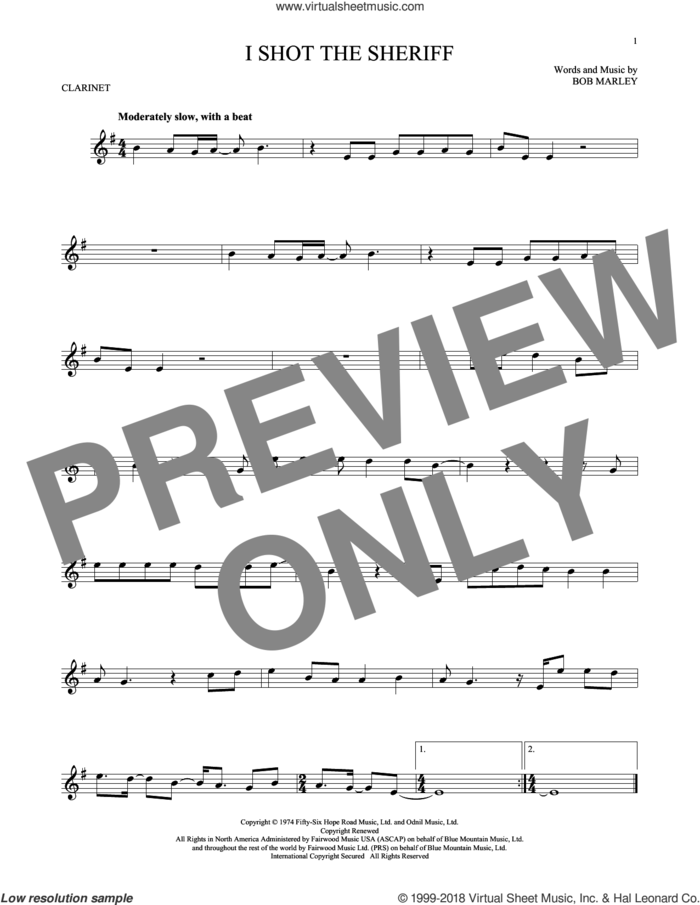 I Shot The Sheriff sheet music for clarinet solo by Bob Marley, Eric Clapton and Warren G, intermediate skill level