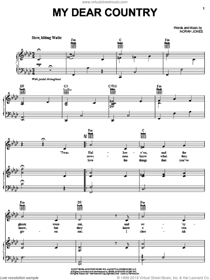 My Dear Country sheet music for voice, piano or guitar by Norah Jones, intermediate skill level