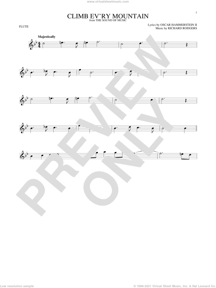 Climb Ev'ry Mountain sheet music for flute solo by Richard Rodgers, Margery McKay, Patricia Neway, Tony Bennett and Oscar II Hammerstein, intermediate skill level