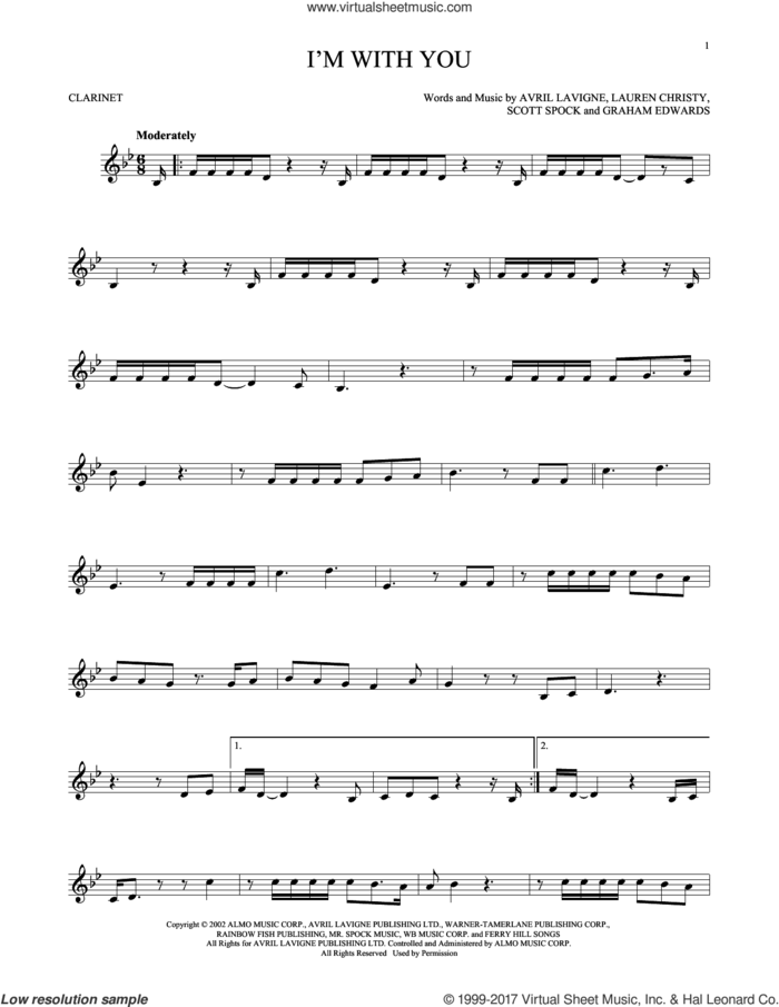 I'm With You sheet music for clarinet solo by Avril Lavigne, Graham Edwards, Lauren Christy and Scott Spock, intermediate skill level
