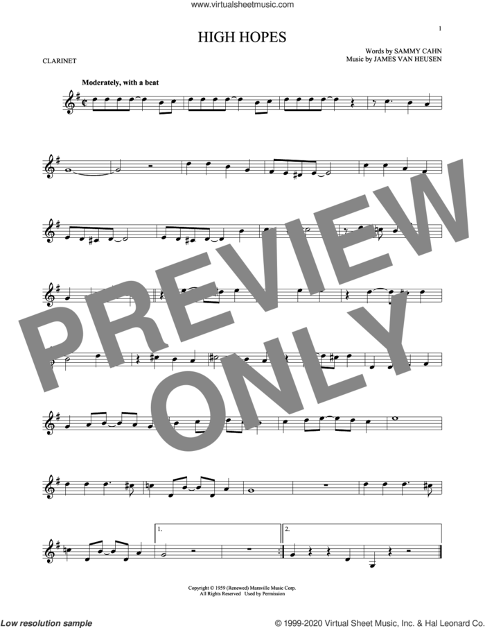 High Hopes sheet music for clarinet solo by Sammy Cahn and Jimmy van Heusen, intermediate skill level