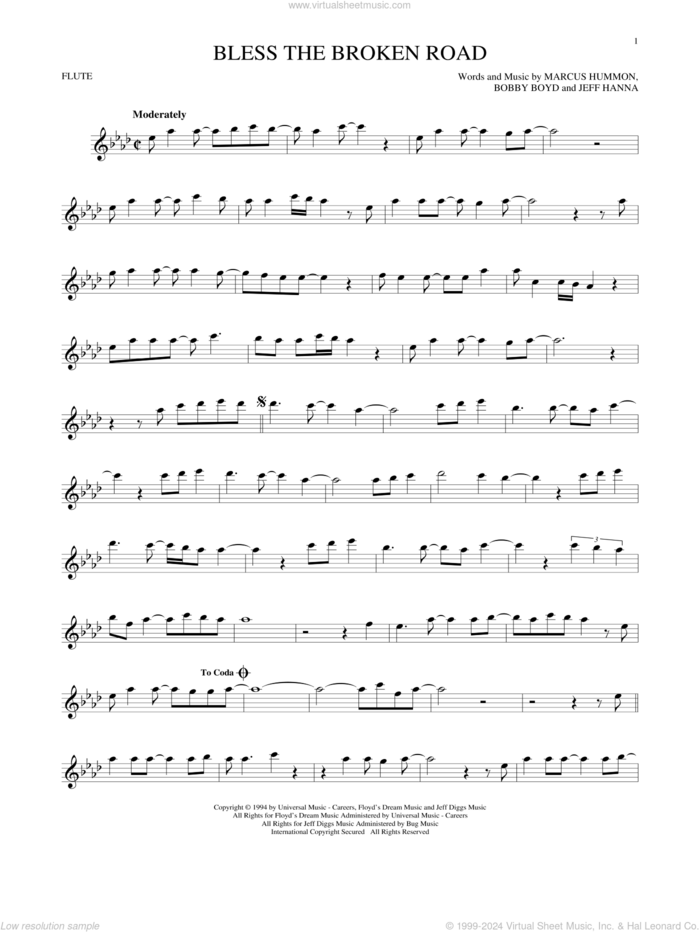 Bless The Broken Road sheet music for flute solo by Rascal Flatts, Bobby Boyd, Jeffrey Hanna and Marcus Hummon, wedding score, intermediate skill level