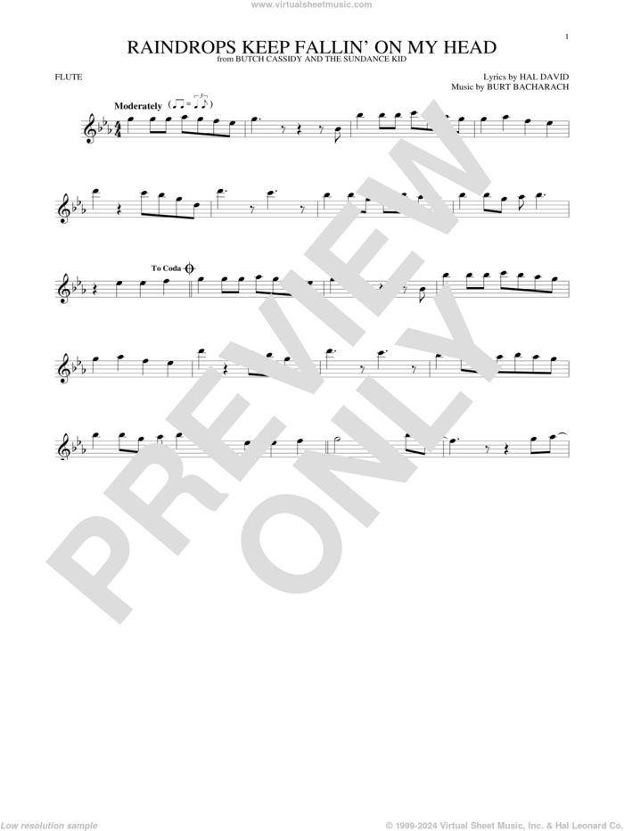 Raindrops Keep Fallin' On My Head sheet music for flute solo by Burt Bacharach, B.J. Thomas and Hal David, intermediate skill level