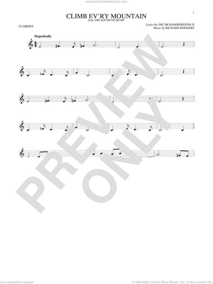 Climb Ev'ry Mountain sheet music for clarinet solo by Richard Rodgers, Margery McKay, Patricia Neway, Tony Bennett and Oscar II Hammerstein, intermediate skill level