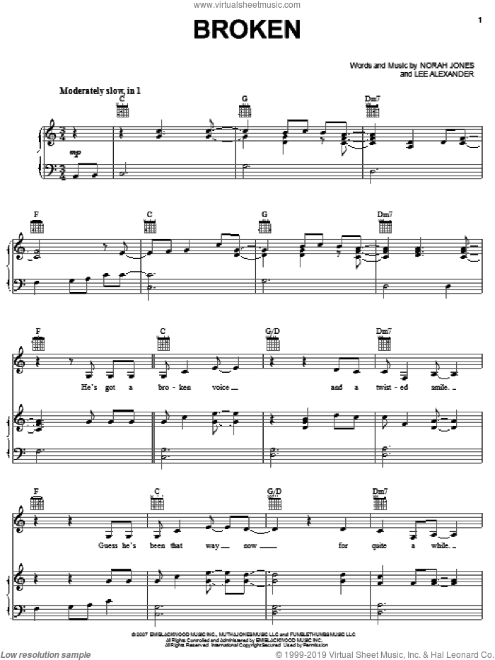 Broken sheet music for voice, piano or guitar by Norah Jones and Lee Alexander, intermediate skill level