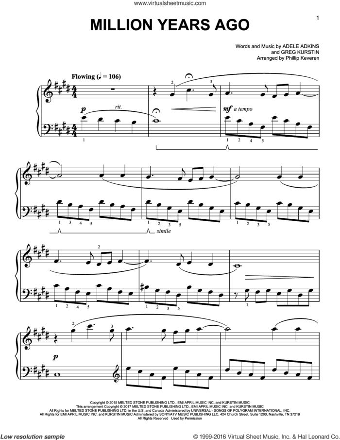 Million Years Ago [Classical version] (arr. Phillip Keveren) sheet music for piano solo by Phillip Keveren, Adele, Adele Adkins and Gregory Kurstin, easy skill level