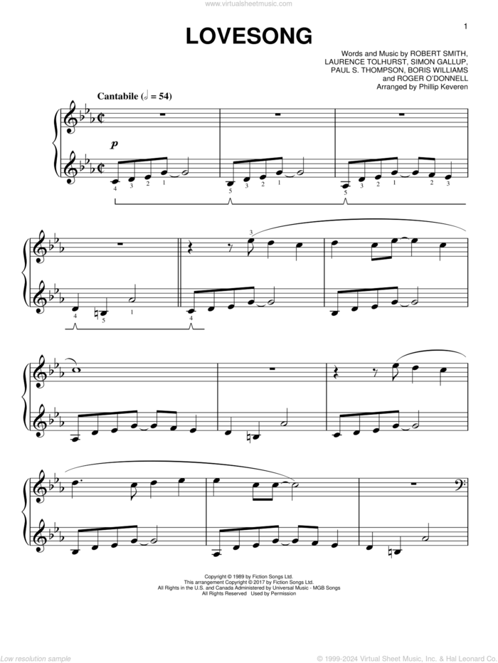 Lovesong [Classical version] (arr. Phillip Keveren) sheet music for piano solo by Phillip Keveren, Adele, The Cure, Boris Williams, Laurence Tolhurst, Paul S. Thompson, Robert Smith and Simon Gallup, easy skill level