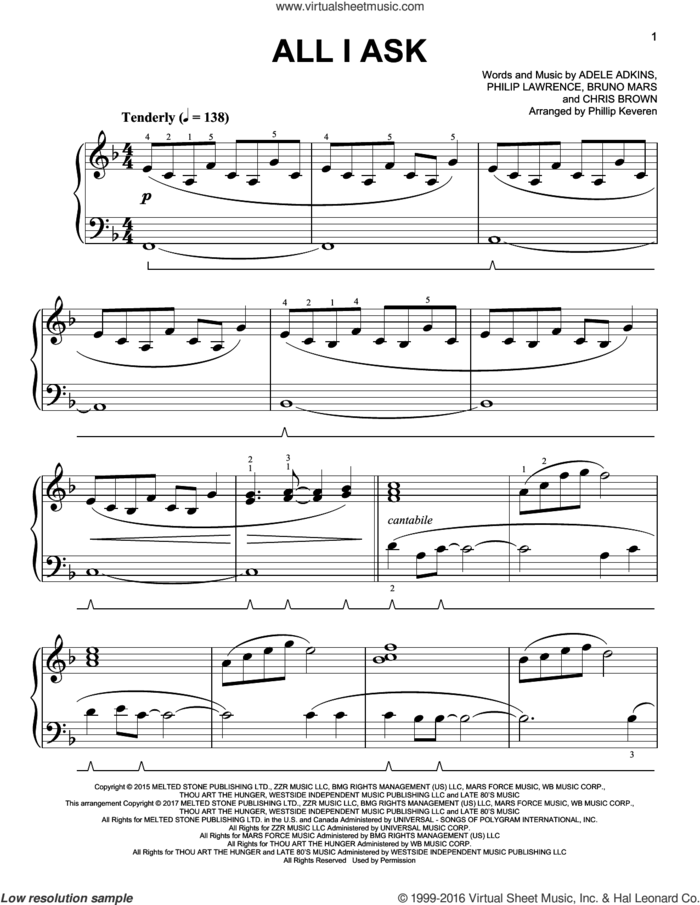 All I Ask [Classical version] (arr. Phillip Keveren) sheet music for piano solo by Bruno Mars, Phillip Keveren, Adele, Adele Adkins, Chris Brown and Philip Lawrence, easy skill level