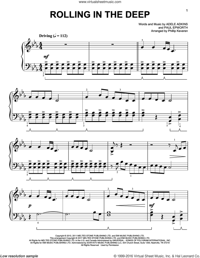Rolling In The Deep [Classical version] (arr. Phillip Keveren) sheet music for piano solo by Paul Epworth, Phillip Keveren, Adele and Adele Adkins, easy skill level