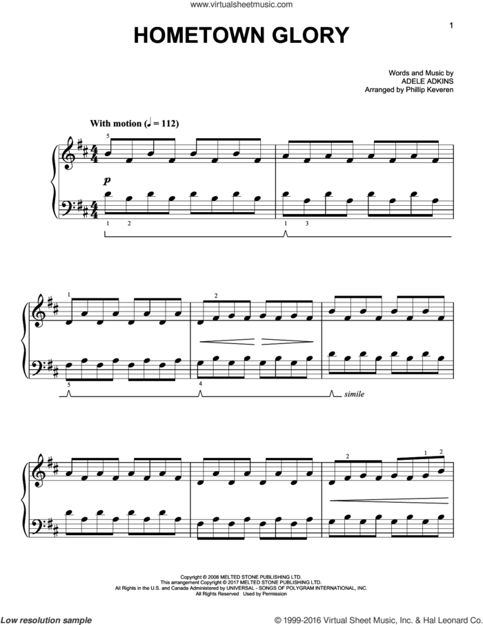 Hometown Glory [Classical version] (arr. Phillip Keveren) sheet music for piano solo by Phillip Keveren, Adele and Adele Adkins, easy skill level