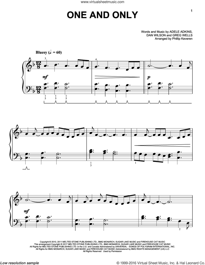 One And Only [Classical version] (arr. Phillip Keveren) sheet music for piano solo by Dan Wilson, Phillip Keveren, Adele, Adele Adkins and Greg Wells, wedding score, easy skill level