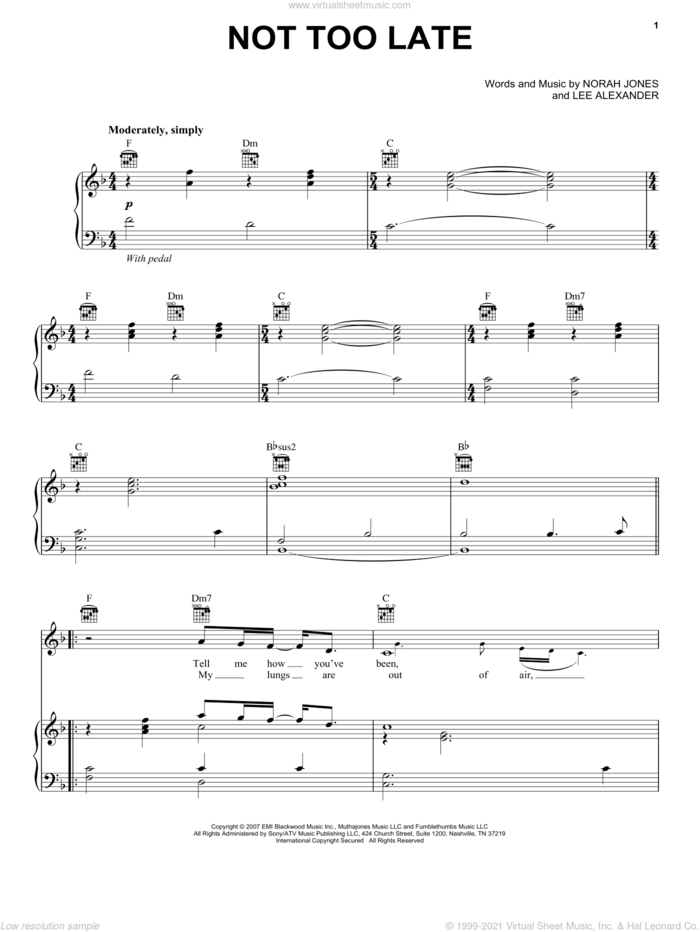 Not Too Late sheet music for voice, piano or guitar by Norah Jones and Lee Alexander, intermediate skill level