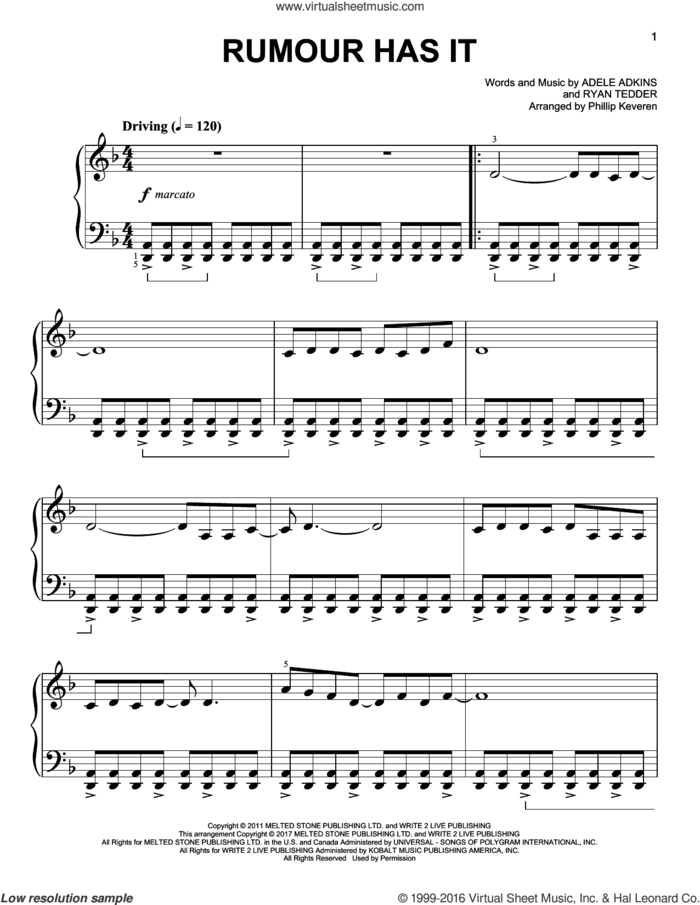 Rumour Has It [Classical version] (arr. Phillip Keveren) sheet music for piano solo by Phillip Keveren, Adele, Adele Adkins and Ryan Tedder, easy skill level