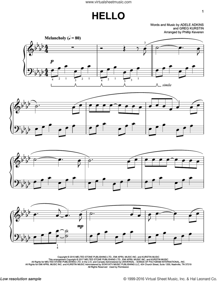 Hello [Classical version] (arr. Phillip Keveren) sheet music for piano solo by Greg Kurstin, Phillip Keveren, Adele and Adele Adkins, easy skill level