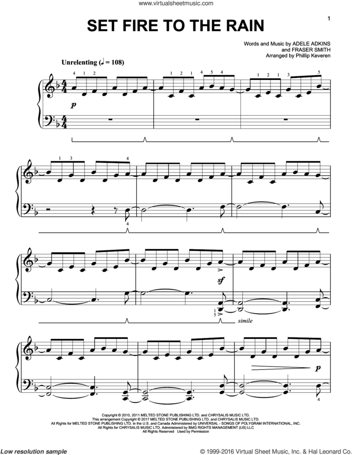 Set Fire To The Rain [Classical version] (arr. Phillip Keveren) sheet music for piano solo by Phillip Keveren, Adele, Adele Adkins and Fraser T. Smith, easy skill level