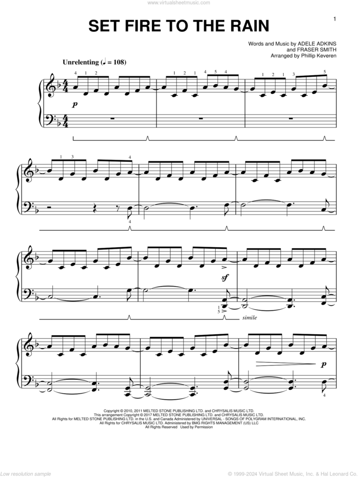 Set Fire To The Rain [Classical version] (arr. Phillip Keveren) sheet music for piano solo by Phillip Keveren, Adele, Adele Adkins and Fraser T. Smith, easy skill level