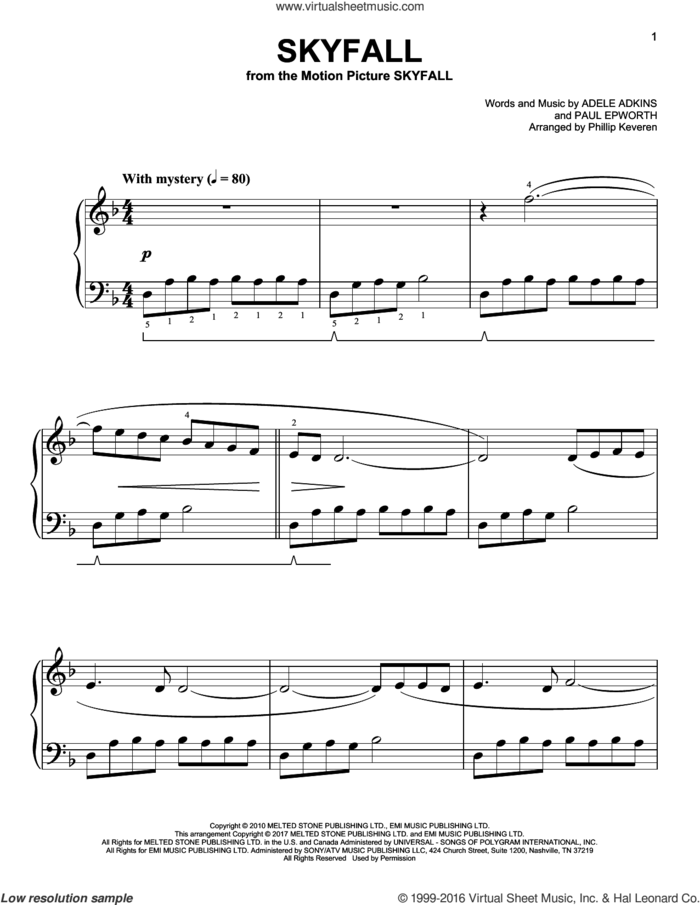 Skyfall [Classical version] (arr. Phillip Keveren) sheet music for piano solo by Paul Epworth, Phillip Keveren, Adele and Adele Adkins, easy skill level