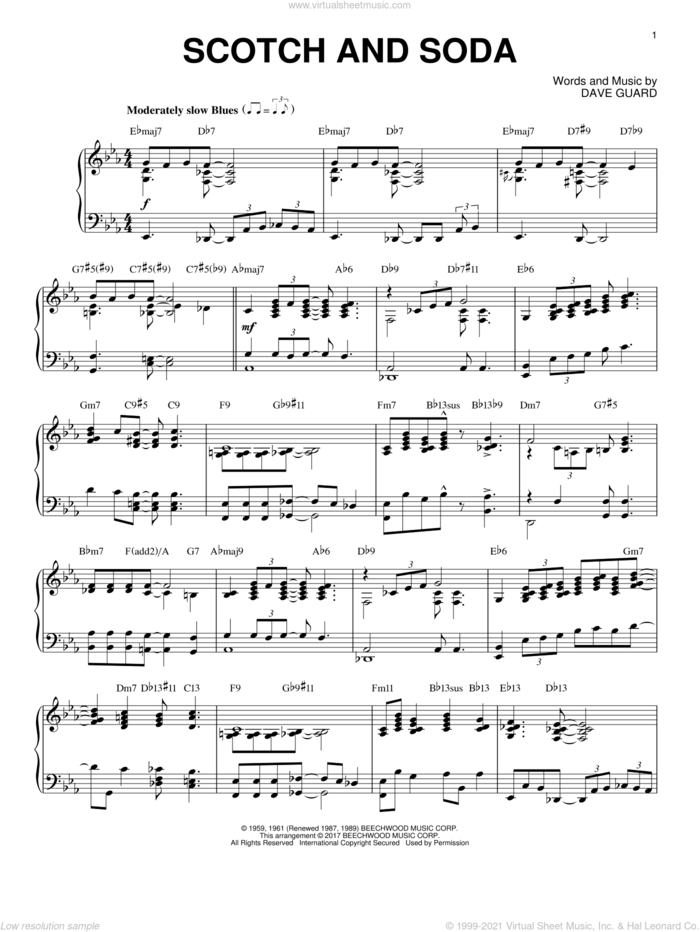 Scotch And Soda [Jazz version] sheet music for piano solo by Kingston Trio and Dave Guard, intermediate skill level