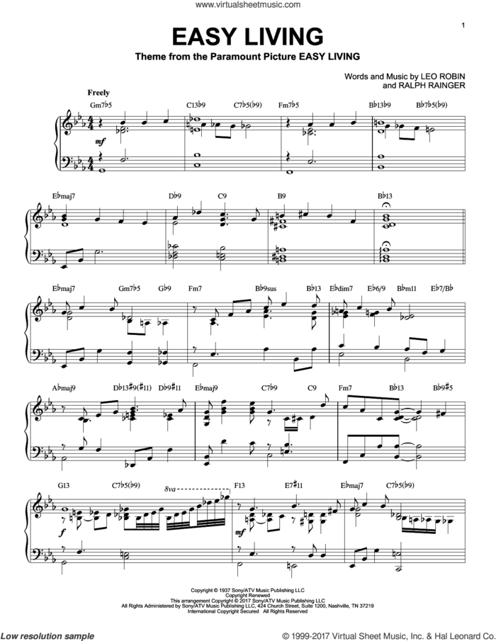 Easy Living [Jazz version] sheet music for piano solo by Billie Holiday, Leo Robin and Ralph Rainger, intermediate skill level
