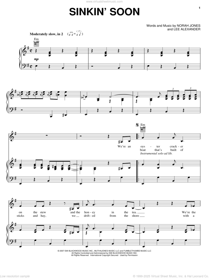 Sinkin' Soon sheet music for voice, piano or guitar by Norah Jones and Lee Alexander, intermediate skill level