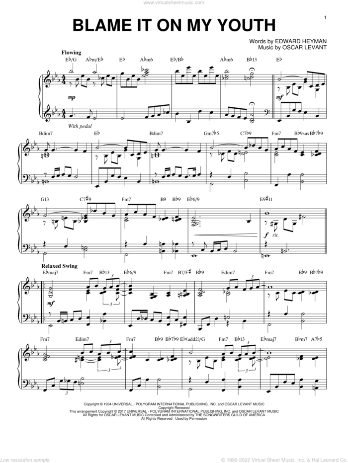 Blame It On My Youth [Jazz version] sheet music for piano solo by Edward Heyman and Oscar Levant, intermediate skill level
