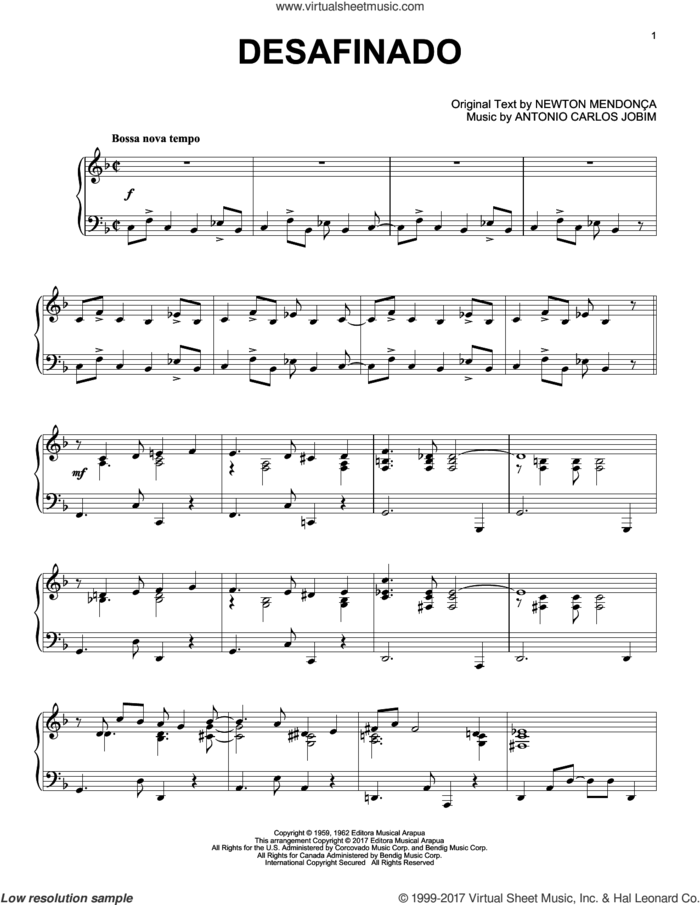 Desafinado, (intermediate) sheet music for piano solo by Antonio Carlos Jobim, Newton MendonAAa and Newton Mendonca, intermediate skill level