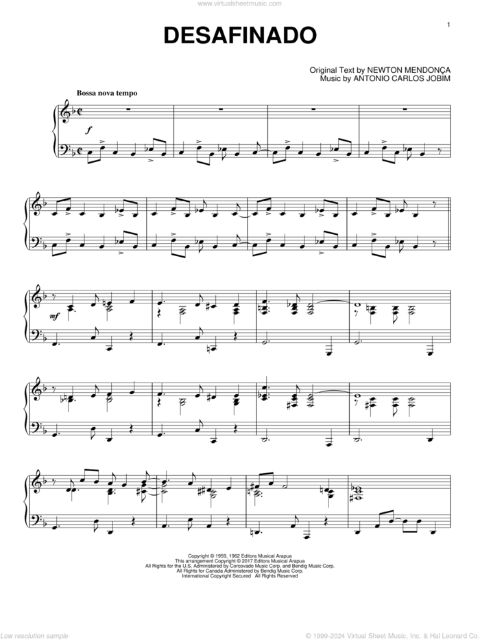 Desafinado, (intermediate) sheet music for piano solo by Antonio Carlos Jobim, Newton MendonAAa and Newton Mendonca, intermediate skill level