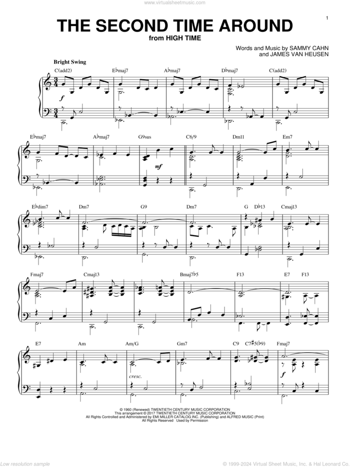 The Second Time Around [Jazz version] sheet music for piano solo by Sammy Cahn and Jimmy van Heusen, intermediate skill level