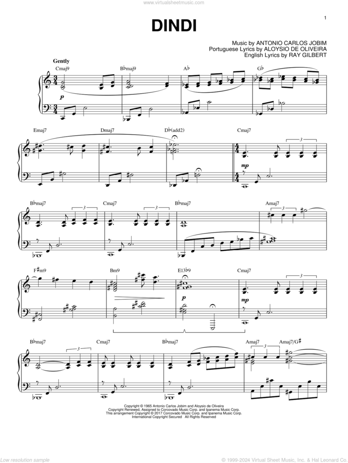 Dindi, (intermediate) sheet music for piano solo by Antonio Carlos Jobim, Aloysio de Oliveira and Ray Gilbert, intermediate skill level