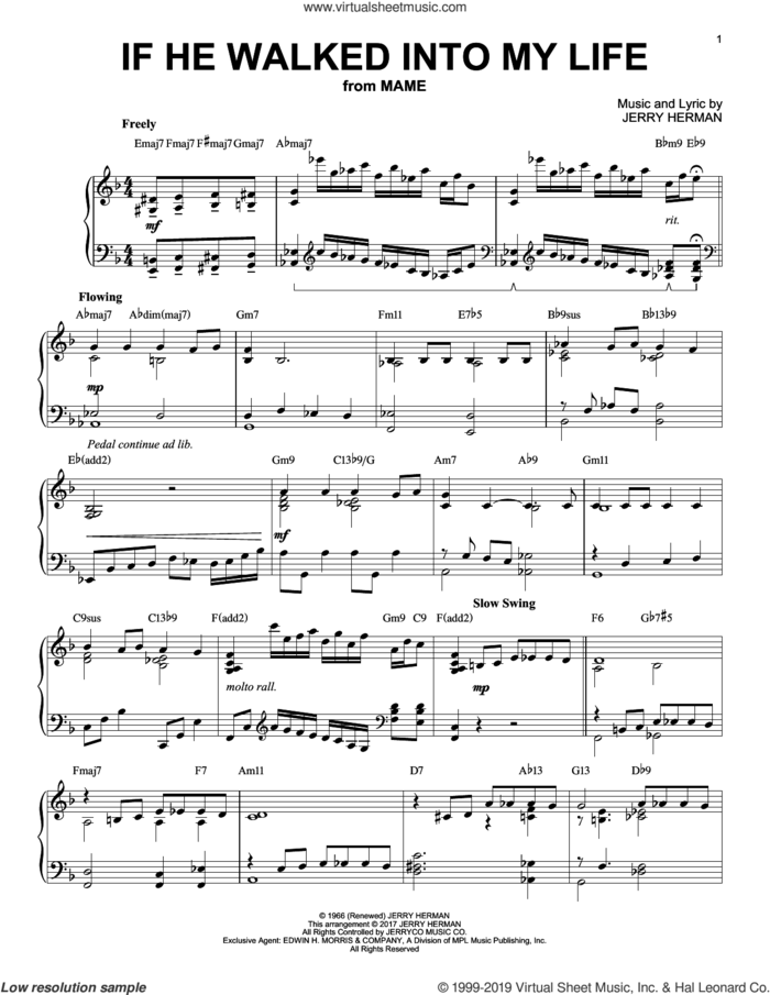 If He Walked Into My Life [Jazz version] sheet music for piano solo by Jerry Herman, intermediate skill level