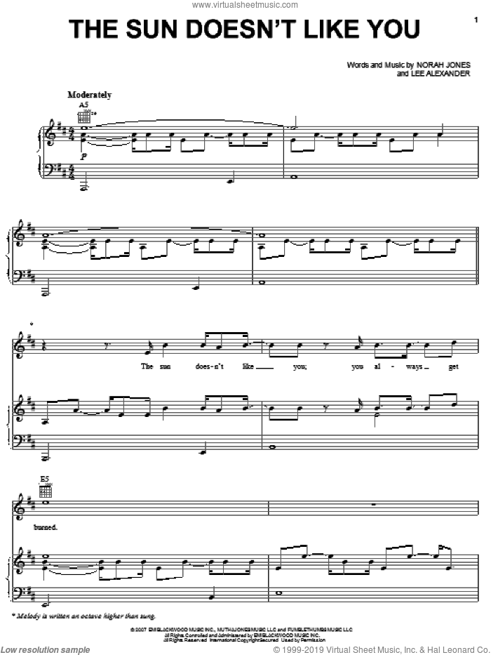 The Sun Doesn't Like You sheet music for voice, piano or guitar by Norah Jones and Lee Alexander, intermediate skill level