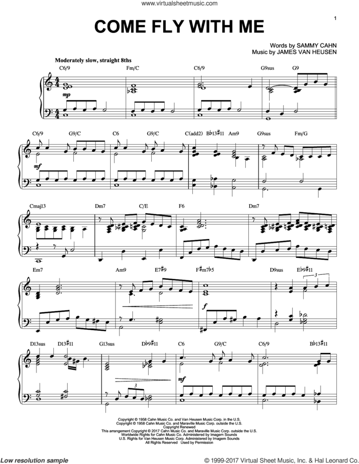Come Fly With Me [Jazz version] sheet music for piano solo by Sammy Cahn and Jimmy van Heusen, intermediate skill level