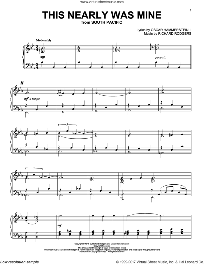 This Nearly Was Mine (arr. Dick Hyman) sheet music for piano solo by Richard Rodgers and Oscar II Hammerstein, intermediate skill level