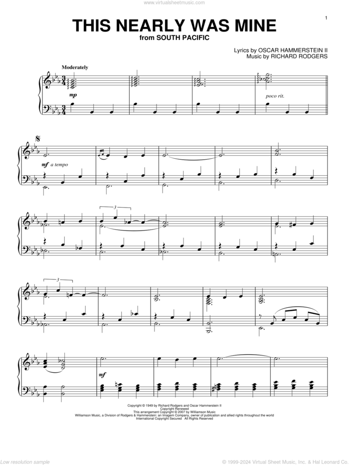 This Nearly Was Mine (arr. Dick Hyman) sheet music for piano solo by Richard Rodgers and Oscar II Hammerstein, intermediate skill level