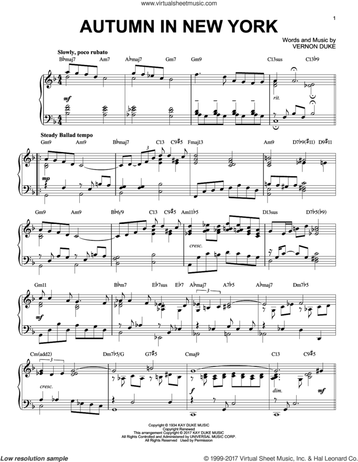 Autumn In New York [Jazz version] sheet music for piano solo by Vernon Duke, Bud Powell and Jo Stafford, intermediate skill level