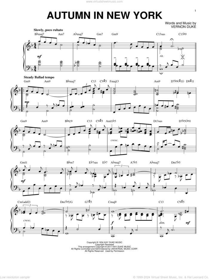 Autumn In New York [Jazz version] sheet music for piano solo by Vernon Duke, Bud Powell and Jo Stafford, intermediate skill level