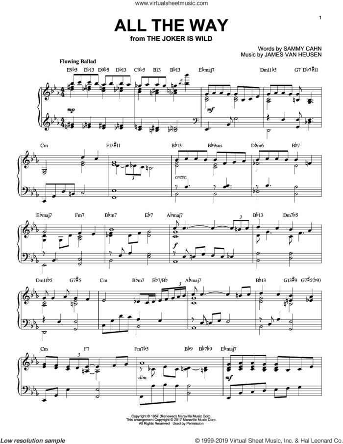 All The Way [Jazz version] sheet music for piano solo by Sammy Cahn, Frank Sinatra, Kenny G and Jimmy van Heusen, intermediate skill level