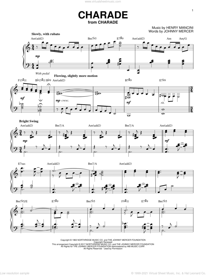 Charade [Jazz version] sheet music for piano solo by Henry Mancini, Andy Williams, Sammy Kaye and Johnny Mercer, intermediate skill level
