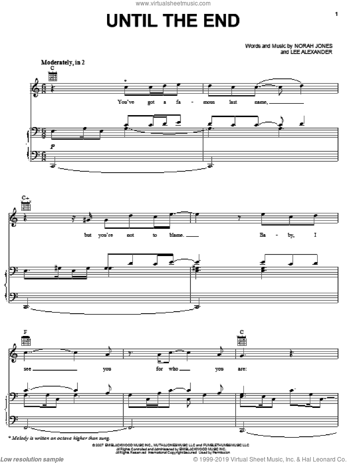 Until The End sheet music for voice, piano or guitar by Norah Jones and Lee Alexander, intermediate skill level