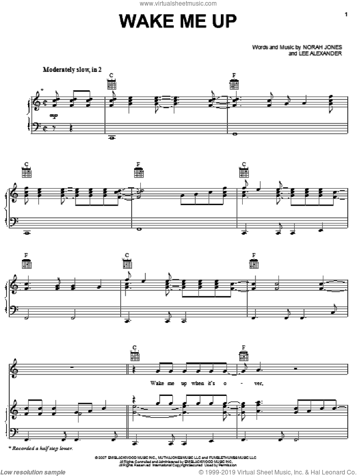 Wake Me Up sheet music for voice, piano or guitar by Norah Jones and Lee Alexander, intermediate skill level