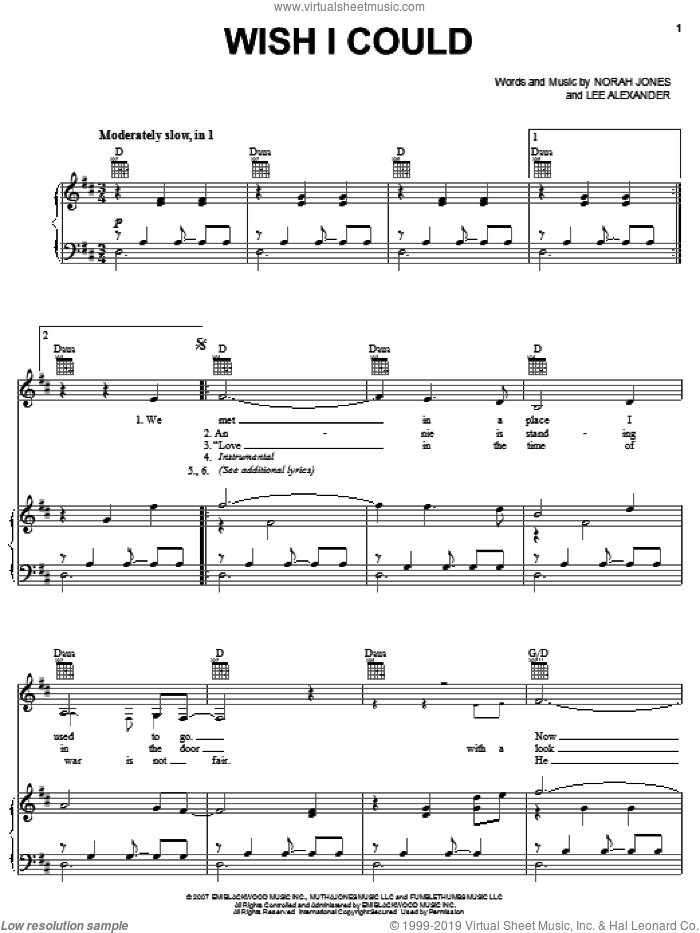 Wish I Could sheet music for voice, piano or guitar by Norah Jones and Lee Alexander, intermediate skill level