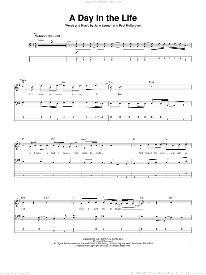A Day In The Life sheet music for bass (tablature) (bass guitar) by The Beatles, John Lennon and Paul McCartney, intermediate skill level